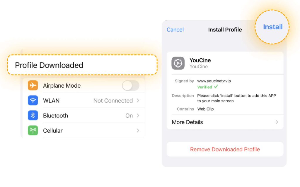 Ícone do atalho do YouCine Web adicionado à tela inicial do iPhone após a instalação do perfil no iOS