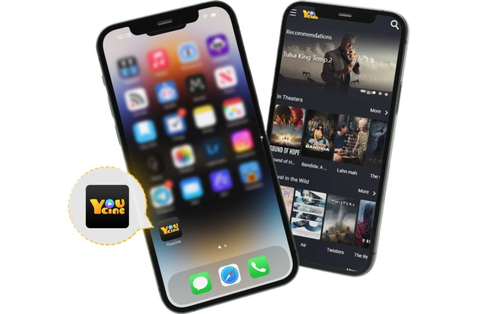 Interface do YouCine Web aberta no iPhone com catálogo de filmes e séries acessado pelo atalho da tela inicial