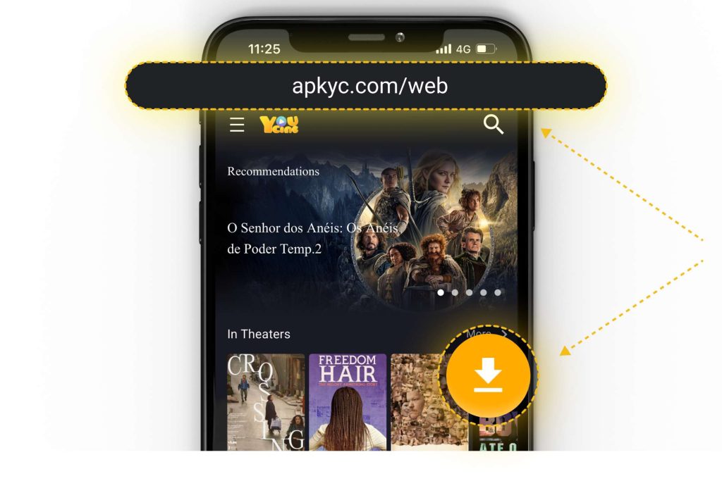 Página do YouCine Web no iPhone exibindo o botão de celular e o aviso de download do perfil de configuração no iOS